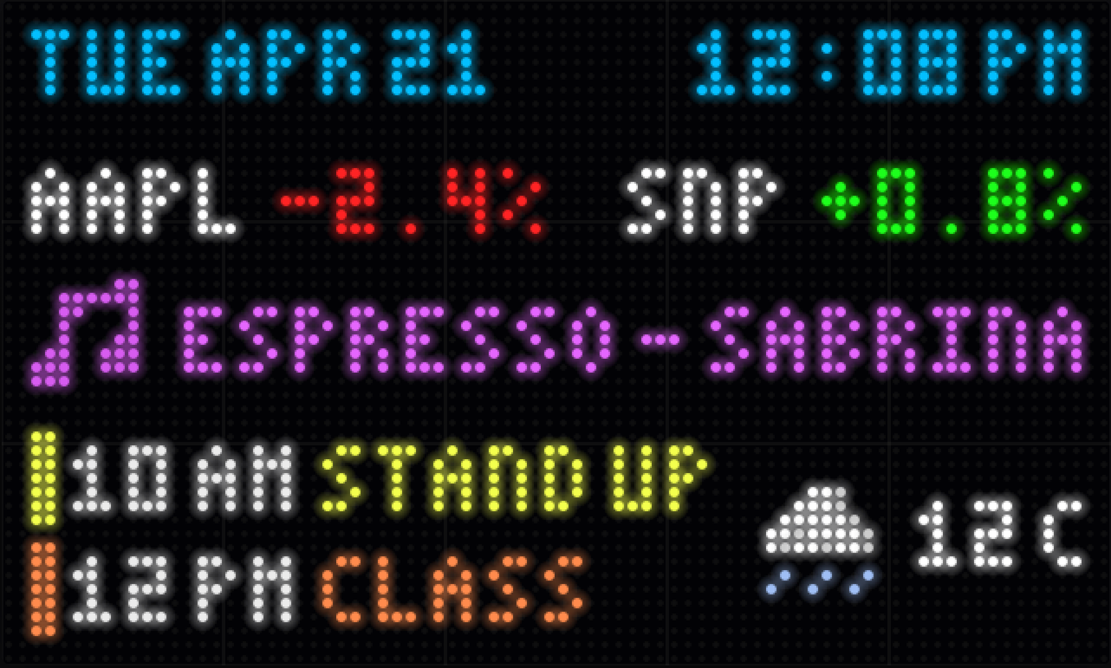 A Hubrix layout showing date, time, stocks, music, calendar, and weather widgets